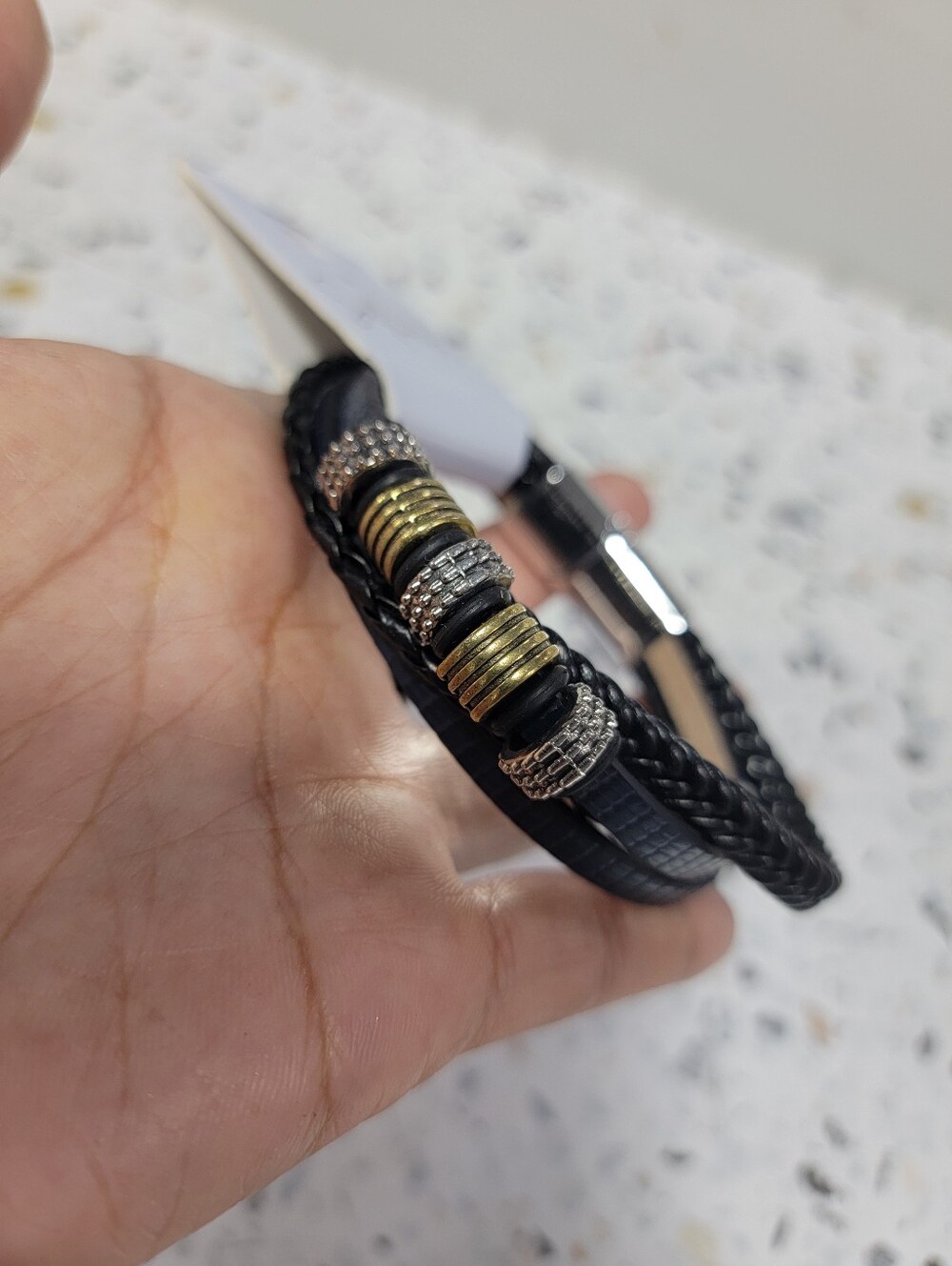 Men's Black Braided Leather Bracelet with Gold & Silver Beads